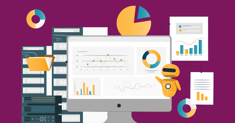 fundo roxo, ao centro ilustrações de um computador exibindo gráficos, ao redor arquivos e ícones de gráficos, no canto inferior direito um robô flutuando em amarelo.