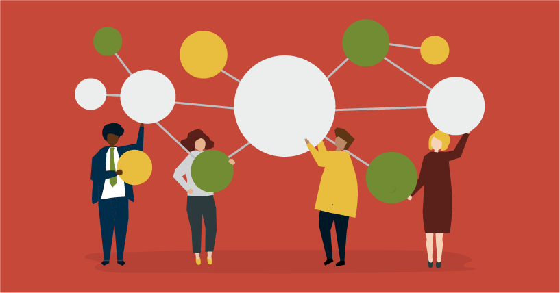 Fundo laranja, ilustração de pessoas representando um sistema de controle colaborativo git.