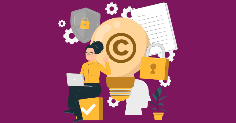 Imagem representando segurança digital e proteção intelectual: pessoa com laptop cercada por ícones de cadeados, escudo e direitos autorais, destacando a importância de proteger dados e informações sensíveis online.