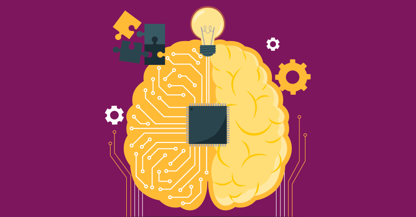 Fundo roxo, imagem de um cérebro com placa de circuito e engrenagens, representando a inteligência artificial e o aprendizado de máquina.
