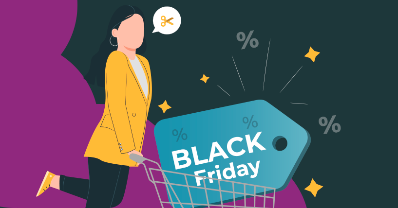 Mulher empurrando um carrinho de compras cheio de itens, incluindo roupas, eletrônicos e produtos de beleza. O carrinho tem uma etiqueta de Black Friday.