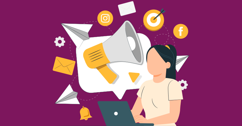 Ilustração de uma mulher usando laptop, rodeada por ícones de marketing como megafone, envelopes, redes sociais, alvos e engrenagens, representando estratégias digitais e criatividade no setor.