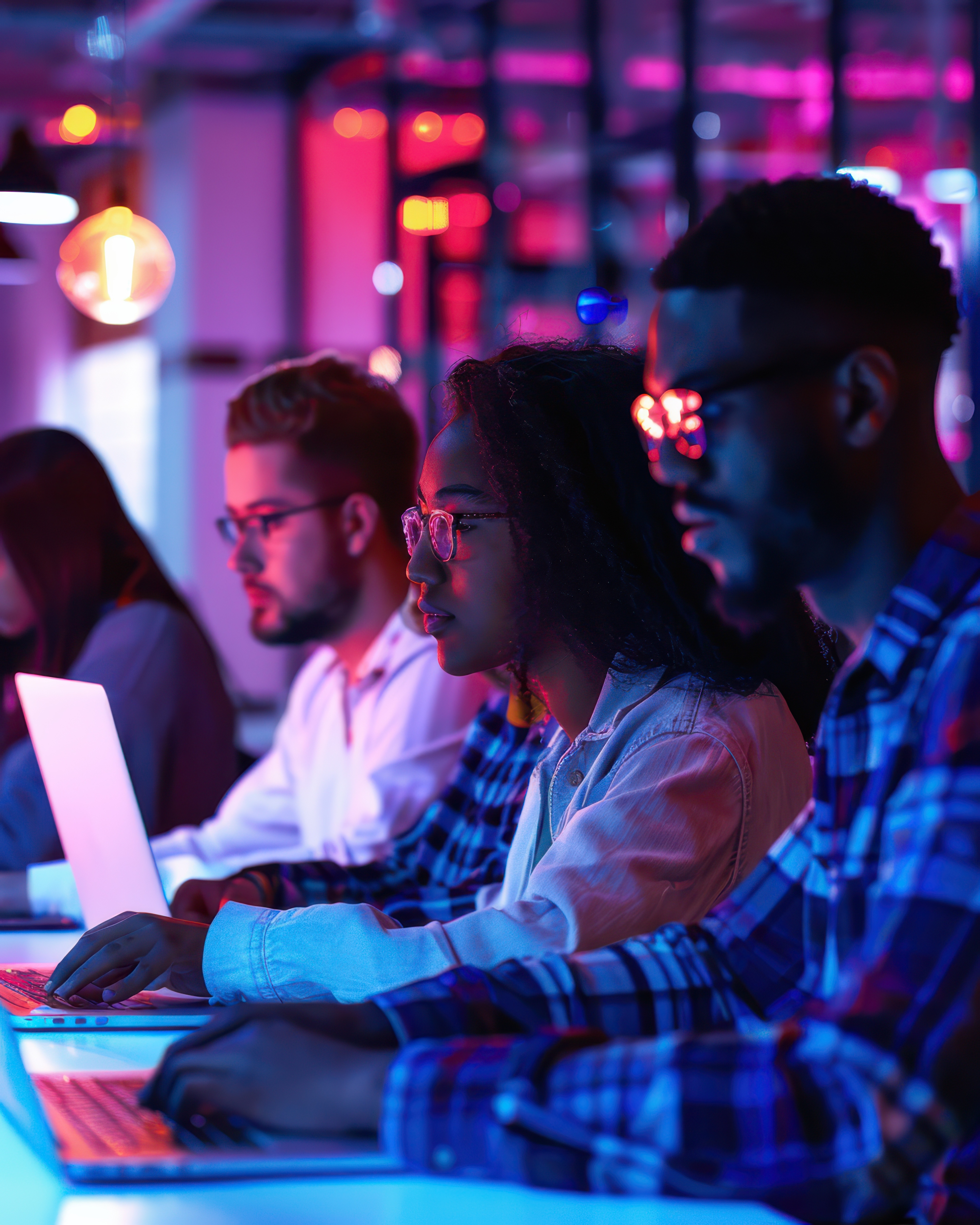 Equipe de trabalho em um ambiente corporativo colaborando em frente a um computador.