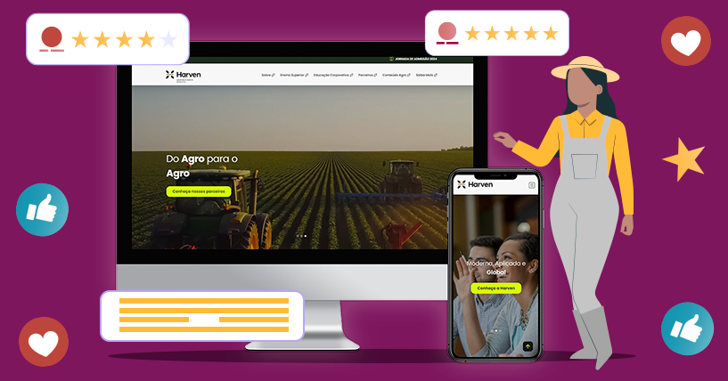 fundo roxo com ilustração de um computador mostrando o novo site da harven agribusiness school, ao redor ícones representando o customer experience.