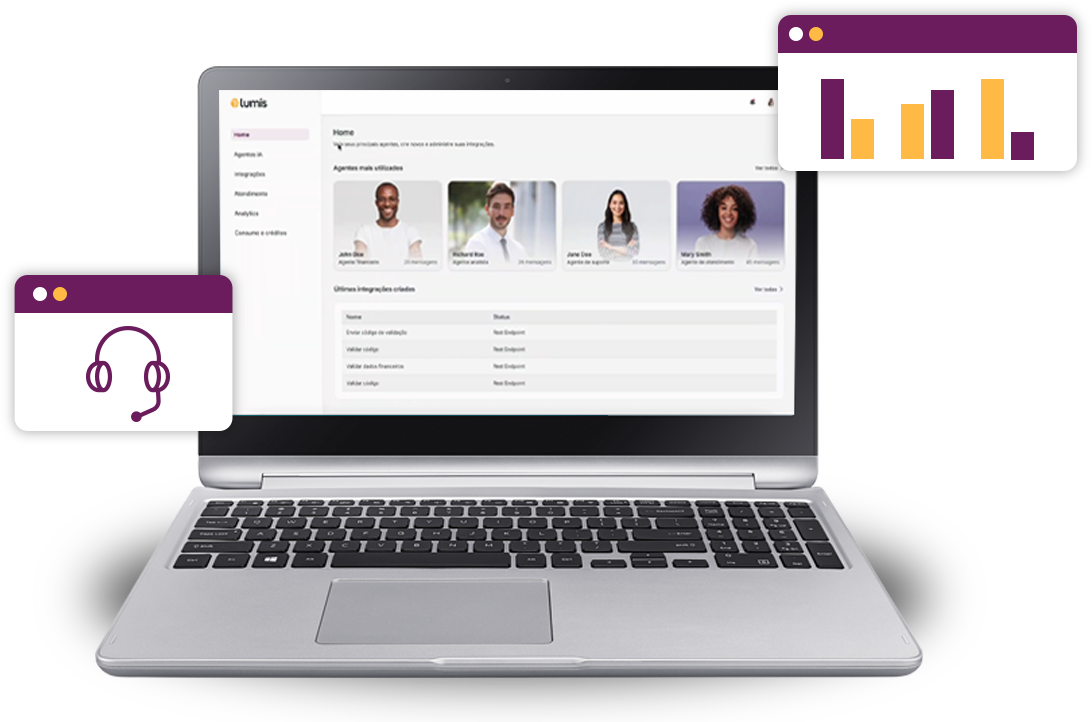 Notebook com plataforma Lumis AI Agents com ícones.