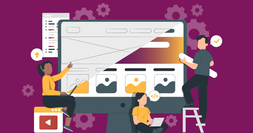 Fundo roxo, uma ilustração de uma tela de computador e de pessoas personalizando o conteúdo que aparece para melhorar a experiência do cliente, icones de engrenagem ao fundo.