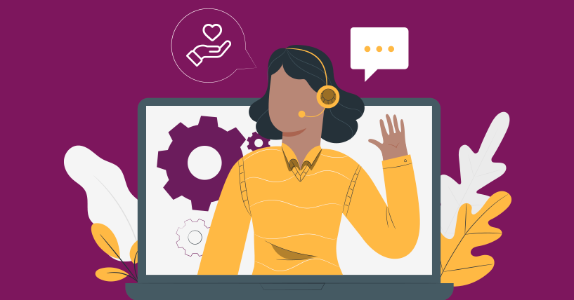 Fundo roxo, orofissional de atendimento ao cliente prestando suporte online, com ícones de ajuda e chat, representando atendimento humanizado.
